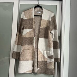 Nine West Cream & Brown Geometric Open-Front Cardigan